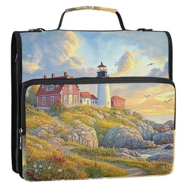 Imagem de Fichários com 3 anéis de 3,8 cm, anel D, farol, pôr do sol, fecho de correr, fichário organizador com alça, bolsa escolar colorida, estojo de armazenamento com alça