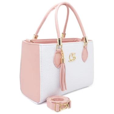 Imagem de Bolsa de Mão Feminina Elegante, Couro Sintético Branco e Azul Claro, Alça Transversal Removível, Detalhe em Tassel (Rosa)