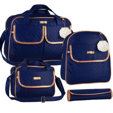 Imagem de Conjunto de Bolsas Maternidade Luxo, 4 Peças, Matelassê Bege com Detalhes Rose Gold, Fecho Magnético (azul)