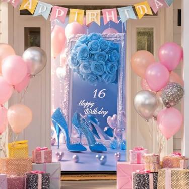 Imagem de HOMETITUTE Capa para porta de aniversário de 16 anos, 178 x 89 cm, faixa de aniversário de rosas e salto alto azul para decoração de festa de meninas, placa de fundo espelhada para doces dezesseis