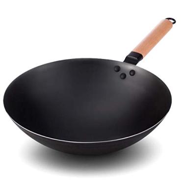 Imagem de Conjuntos de panelas Wok de ferro tradicional artesanal Wok de ferro antiaderente panela não revestida a gás panelas wok panelas panela utensílios de cozinha (tamanho: 32 cm)