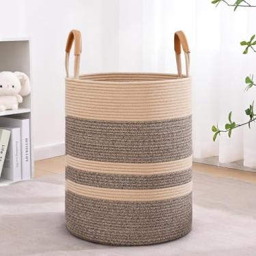 Imagem de Cesto de roupa suja listrado 90L com alças de couro, cesto de roupa grande dobrável para roupas, cesto de armazenamento de corda de algodão para cobertores, cesta de roupas de tecido para quarto