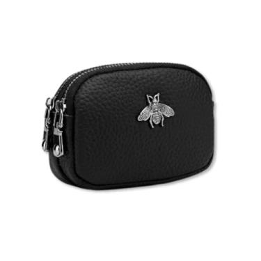 Imagem de Carteira Feminina Compacta de Couro Texturizado Preto com Abelha Metálica – 2 Zíperes, Compacta, Elegante e Resistente