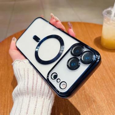 Imagem de Capa transparente de luxo com revestimento cromado e carregamento magnético sem fio para iPhone 16, 15, 14 Plus, 11, 12, 13 Pro Max (para iPhone 15 Pro/Azul Escuro)