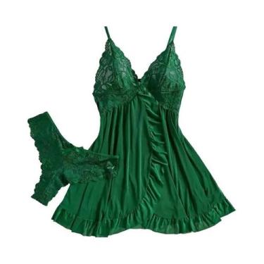Imagem de Camisola De Verão Verde Escuro Com Alças, Conjunto De Pijamas Sexy Com