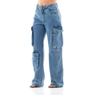 Imagem de Calça Jeans Feminina Arauto Wide Leg Super Cargo, Azul médio, 46