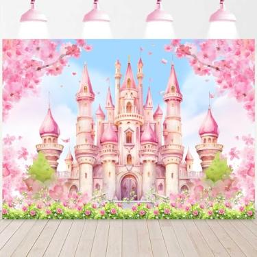 Imagem de InMemory Cenário de castelo de princesas para meninas, aniversário, chá de bebê, decoração de festa, bandeira, rosa, pastel, céu azul Sakura, fantasia, conto de fadas, país das maravilhas com fundo