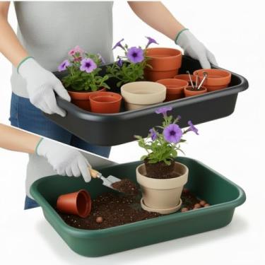 Imagem de RooTrimmer Bandeja multifuncional de replantio de plantas – preto e verde, ferramenta de jardinagem de grande capacidade PP resistente para mudas, movimentação de vasos, mistura de solo, cultivo