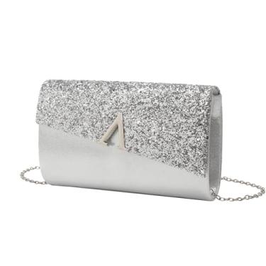 Imagem de CYSUE Bolsa clutch brilhante em forma de V para mulheres, bolsa de noite, bolsa de festa à noite, bolsa de ombro com corrente, transfronteiriça, Prata, One Size
