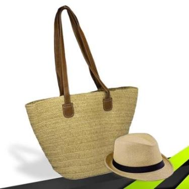 Imagem de Kit Chapéu Palha ABA CURTA Panama + Bolsa GOLD Praia Tote Alça Grande Feminina 1015-Feminino