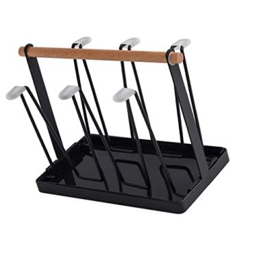 Imagem de Rack de secagem de garrafas 6 copos escorredor suporte rack suporte de canecas antiderrapante organizador de suporte de secagem de garrafas com alça de madeira para óculos caneca de café preto (Color