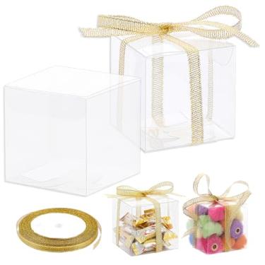 Imagem de Gabrella 60 caixas de doces transparentes, caixas de lembrancinha de 5 x 5 cm, caixa de presente de plástico transparente com fita