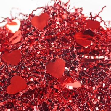 Imagem de Succwoah Papel cortado enrugado para o dia dos namorados de 500 g com confetes de coração vermelho, papel vermelho iridescente metálico, caixa de presente, enchimento de cesta para embrulho, dia dos