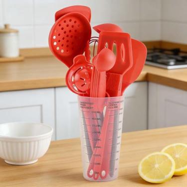 Imagem de Conjunto de panelas antiaderentes de silicone, 16 peças, conjunto de utensílios de cozinha, utensílios de silicone resistente ao calor para cozinhar e assar em casa (vermelho)