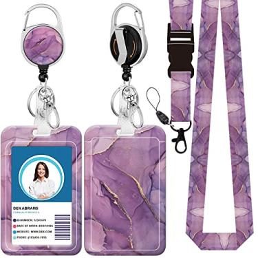 Imagem de Cordão de crachá, suporte retrátil para crachá com mosquetão e clipe de cinto, cordão com fecho lagosta para porta-crachás, presente de escritório para enfermeiras e professores (BLC-mármore roxo C)