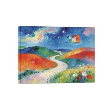 Imagem de Impressão em tela de arte de parede de surrealismo - flores de estrada de montanha - pintura de decoração de paisagem - imagens para sala de estar pronta para pendurar tela emoldurada 90 x 117 cm 35 x