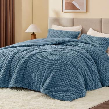 Imagem de BEDELITE Conjunto de edredom queen fofo – edredom macio de lã azul neblina para cama queen size, conjunto de cama quente de luxo para o inverno, conjunto de cama felpuda 3 peças (1 edredom, 2 fronhas)