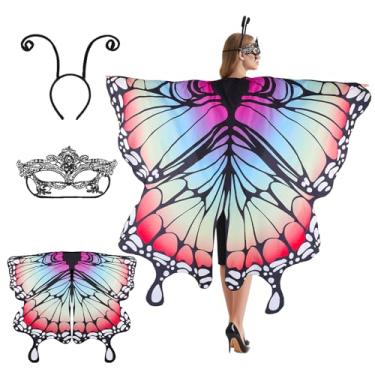 Imagem de Fantasia de borboleta feminina - Conjunto de asas de borboleta de fada, faixa de cabeça e máscara para Halloween, cosplay, roupas de borboleta (multicolorida)