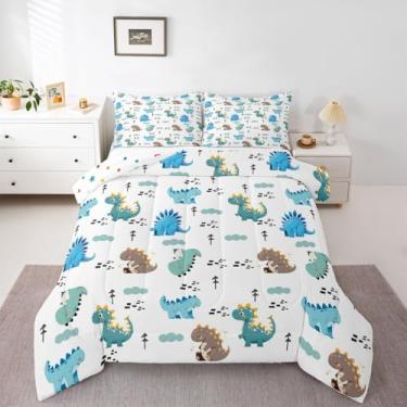Imagem de jejeloiu Conjunto de cama com desenho animado de dinossauro, macio, para meninos e meninas, fofo, colorido, conjunto de edredom de animais selvagens, microfibra para decoração de quarto, 2 peças com 1