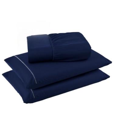 Imagem de Jogo De Lençol Com 3 Peças, Fronha Com Ponto Palito, Tecido Suave(Marinho,Solteiro)