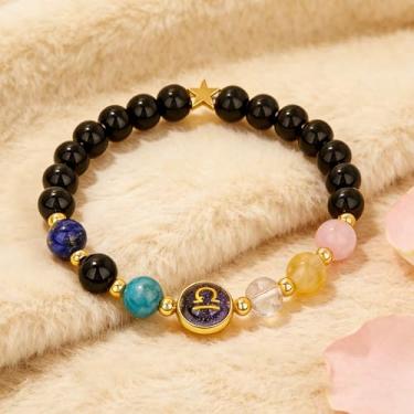 Imagem de Pulseira empilhável, lápis-lazúli natural, olho de tigre, fluorita e pulseira de contas de cristal preto, pulseira elástica feita à mão para camadas com joias de couro ou metal, acessório de pedra