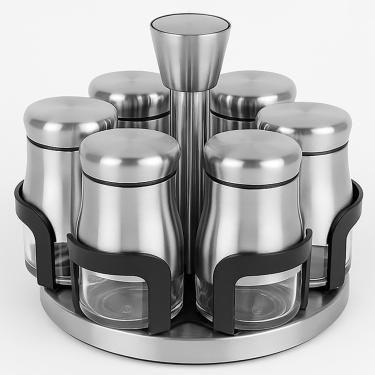 Imagem de Porta Temperos Giratório Inox Com 6 Potes de Vidro Herméticos Design Sofisticado