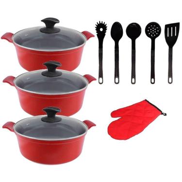 Imagem de Jogo Panelas Vermelho Cerâmica Com Talher Javali Aal 26a30cm