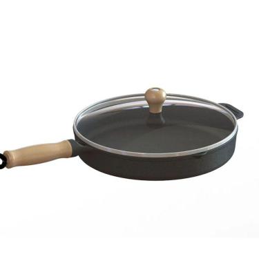 Imagem de Frigideira Ferro Fundido com Tampa Vidro Cabo Madeira 22cm