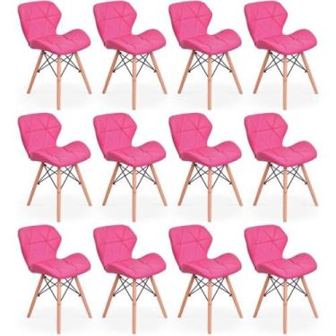 Imagem de Kit 12 Cadeiras de Jantar Charles Eames Slim Wood Estofada - Rosa - Ma