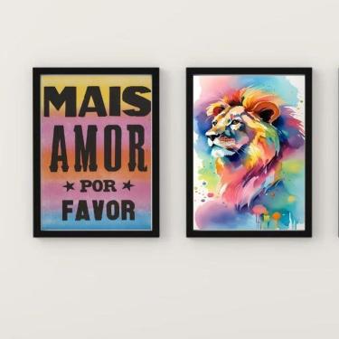 Imagem de Quadros Leão Aquarela 45x34cm - Vidro e Moldura Preta