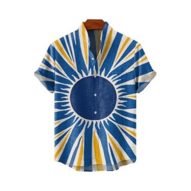 Imagem de Camisa Masculina Vintage De Linho Com Estampa De Sol, Manga Curta, Ver