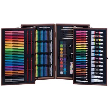 Imagem de Kit Lápis de Cor Profissional com Maleta de Madeira 215 peças Tintas Acrílicas, Aquarela, ART 101 USA 53215MB, Marrom