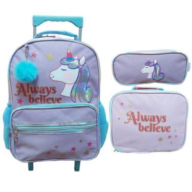 Imagem de Kit Mochila Rodinha Lancheira Estojo Unicórnio Yins YS42184 Cor:Roxo, 
