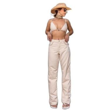 Imagem de CALÇA JEANS FEMININA RETA CINTURA ALTA COM APLICAÇÃO 24320-Feminino