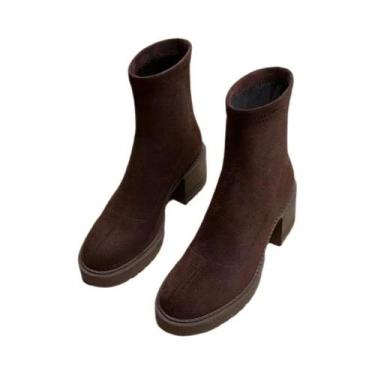 Imagem de Botas De Salto Alto Femininas Em Camurça, Estilo Chunky, Moda De Inver