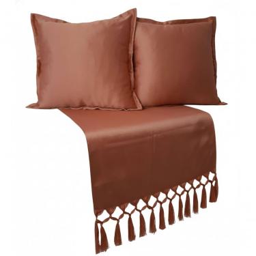 Imagem de Kit Peseira e Almofadas Jacquard 2,50x0,43m com 2 Peças 40x40cm para Cama King Queen Marrom