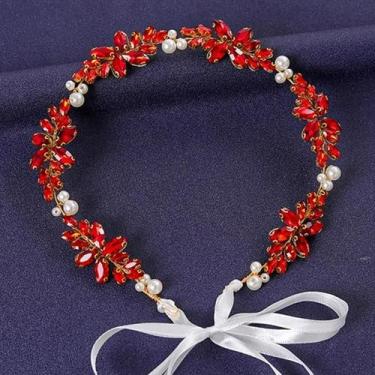 Imagem de Tiara De Flor De Cristal Vermelho Com Strass E Pérolas, Acessório De C
