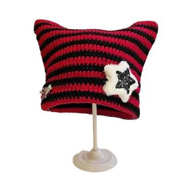 Imagem de Gorro De Malha Y2K Com Orelhas De Gato E Listras Estilo Diabo, Fofo Pa