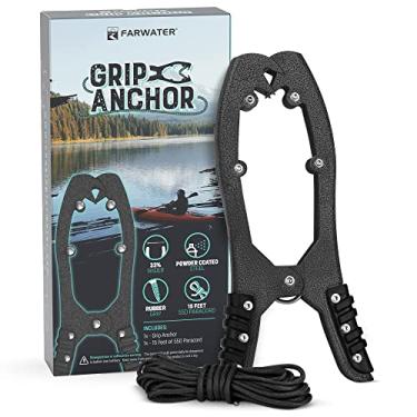 Imagem de FARWATER Punho de âncora de canoa – Acessórios de pesca para barco, tubo flutuante e caiaque, equipamento de caiaque – braçadeira de escova com dentes – garra com paracord de 4,5 m – punhos de borracha – aço revestido – preto
