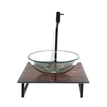 Imagem de KIT CUBA DE VIDRO REDONDA 10MM INCOLOR COM TAMPO DE VIDRO 40CM X 40CM MADEIRA NOGUEIRA E SUPORTE PRETO