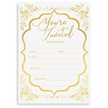Imagem de Preencher convites de casamento A7, folha de ouro pacote com 20 e 20 etiquetas de agradecimento. Convites de festa de carimbo a quente de aniversário, celebração de aniversário, cartões de convites de nupcial ou chá de bebê para eventos ocasiões especiais (convite dourado 1)