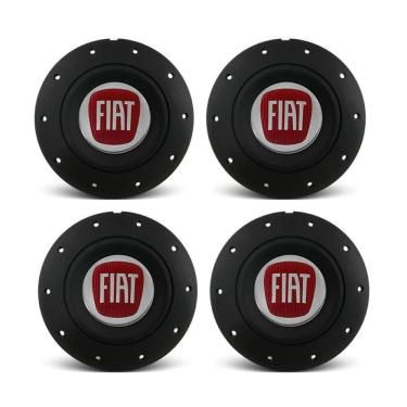 Imagem de Jogo 4 Calota Centro Roda Ferro VW Amarok Aro 13 14 15 4 Furos Preta Fosca Emblema Fiat Vermelha