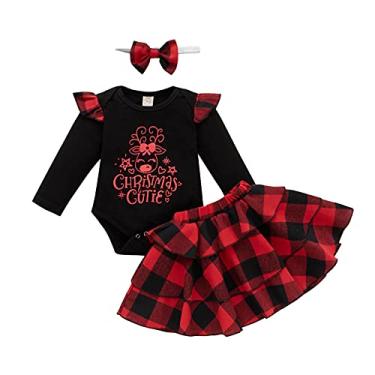 Imagem de Macacão infantil para bebês meninas manga comprida com letras de Natal estampado xadrez para bebês meninos roupas de outono (vermelho, 12 a 18 meses)