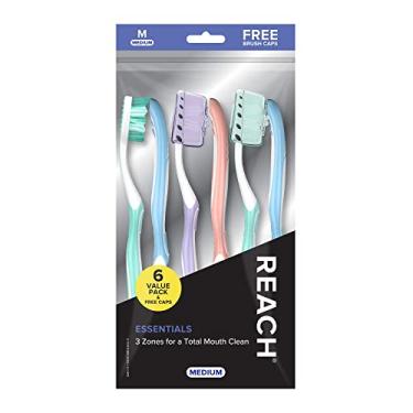 Imagem de Reach Escova de dentes Essentials com capas de escova de dentes, cerdas médias multiangulares, cabo contornado, raspador de língua, 6 unidades
