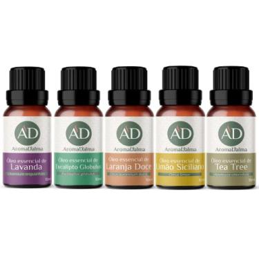 Imagem de Kit Óleo Essêncial Completo Para Aromaterapia | Os 5 Aromas Mais Populares 100% Puros - Lavanda, Eucalipto, Limão Siciliano, Laranja Doce e Tea Tree (Melaleuca) - Aroma D’alma