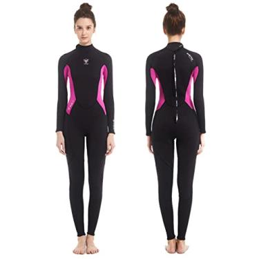 Imagem de Roupa de mergulho feminina neoprene molhado 3mm traje de mergulho de corpo inteiro mangas compridas zíper traseiro maiô térmico de uma peça para mergulho mergulho natação surf adulto em hidroginástica de água fria, rosa, G