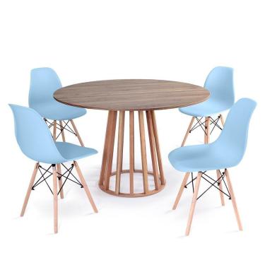 Imagem de Conjunto Mesa de Jantar Redonda Talia Amadeirada Natural 120cm com 4 Cadeiras Eames Eiffel - Azul Claro