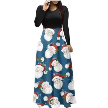 Imagem de UIFLQXX Vestido feminino 2023 de manga comprida com estampa de Natal, vestido casual longo, plus size, vestidos de festa, Azul, XXG