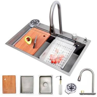 Imagem de Cuba Gourmet Premium Cascata Lavador Copos Torneira Extensível Completa Pia Cozinha Multifuncional Luxo Aço Inox 304 Cor Prata Brinovar