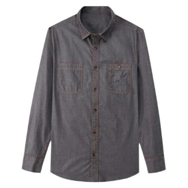 Imagem de Camisa jeans masculina primavera outono confortável lapela manga longa diária casual, C722, prata, cinza, XXG